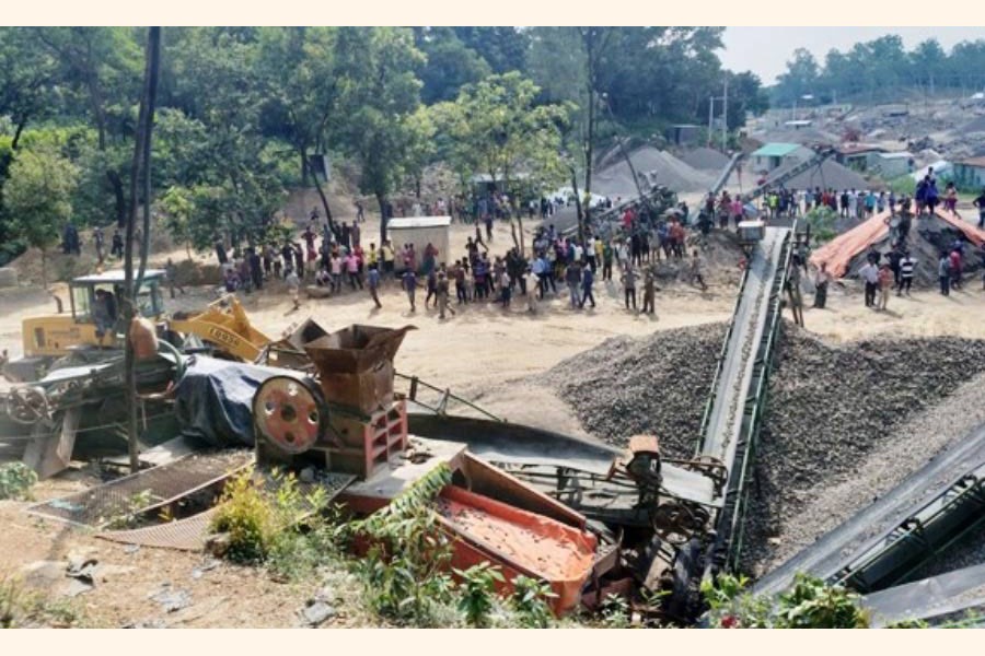 Over 50 stone crushers, set on the land of Forest Department under Gowainghat upazila of Sylhet district, were evicted on Saturday — FE Photo