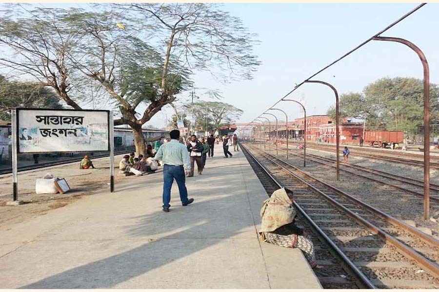 The photo shows the open platform of the Santahar railway station — FE Photo