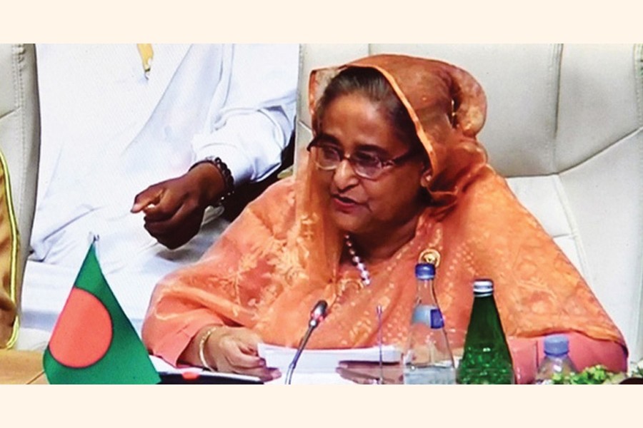 Prime Minister Sheikh Hasina addressing the plenary session of the 18th NAM Summit in the Azerbaijan capital Baku on October 25, 2019: She sought global support in resolving the protracted Rohingya refugee crisis and for combating the adverse impacts of climate change. —Photo: bdnews24.com