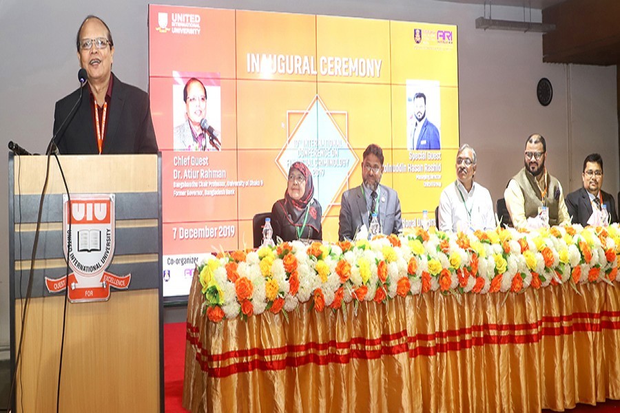 DU Bangabandhu Chair Professor Dr Atiur Rahman speaking at the inaugural session of an international conference on 'Financial Criminology' at United International University auditorium in the city on Saturday — FE photo