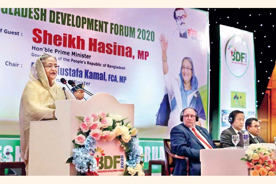 Prime Minister Sheikh Hasina speaking at the inaugural session of Bangladesh Development Forum 2020 in the city on Wednesday — BSS