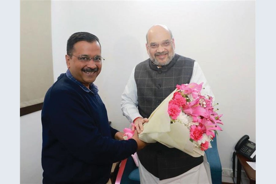 Delhi Chief Minister Arvind Kejriwal met the Union Home Minister Amit Shah at his residence in New Delhi on February 19, 2020. —Credit: Amit Shah via the Internet Arvind Kejriwal @ArvindKejriwal Met Hon'ble Home Minister Sh Amit Shah ji. Had a very good and fruitful meeting. Discussed several issues related to Delhi. Both of us agreed that we will work together for development of Delhi