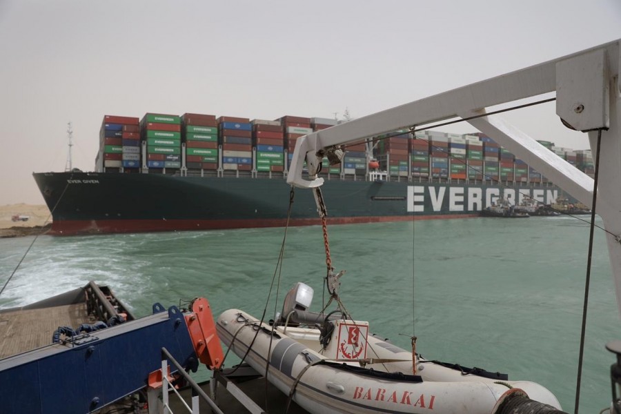 Stranded container ship Ever Given, one of the world's largest container ships, is seen after it ran aground, in Suez Canal, Egypt on March 25, 2021 — Suez Canal Authority/Handout via REUTERS