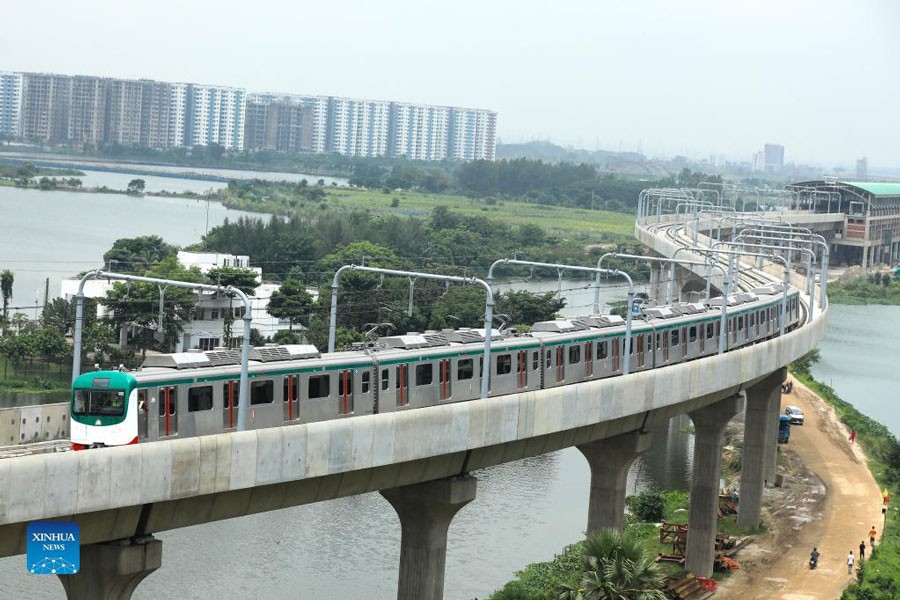 Aerial photo taken on Aug. 29, 2021 shows a scene from the first trial run of Bangladesh's metro rail service in Dhaka. (Xinhua Photo)